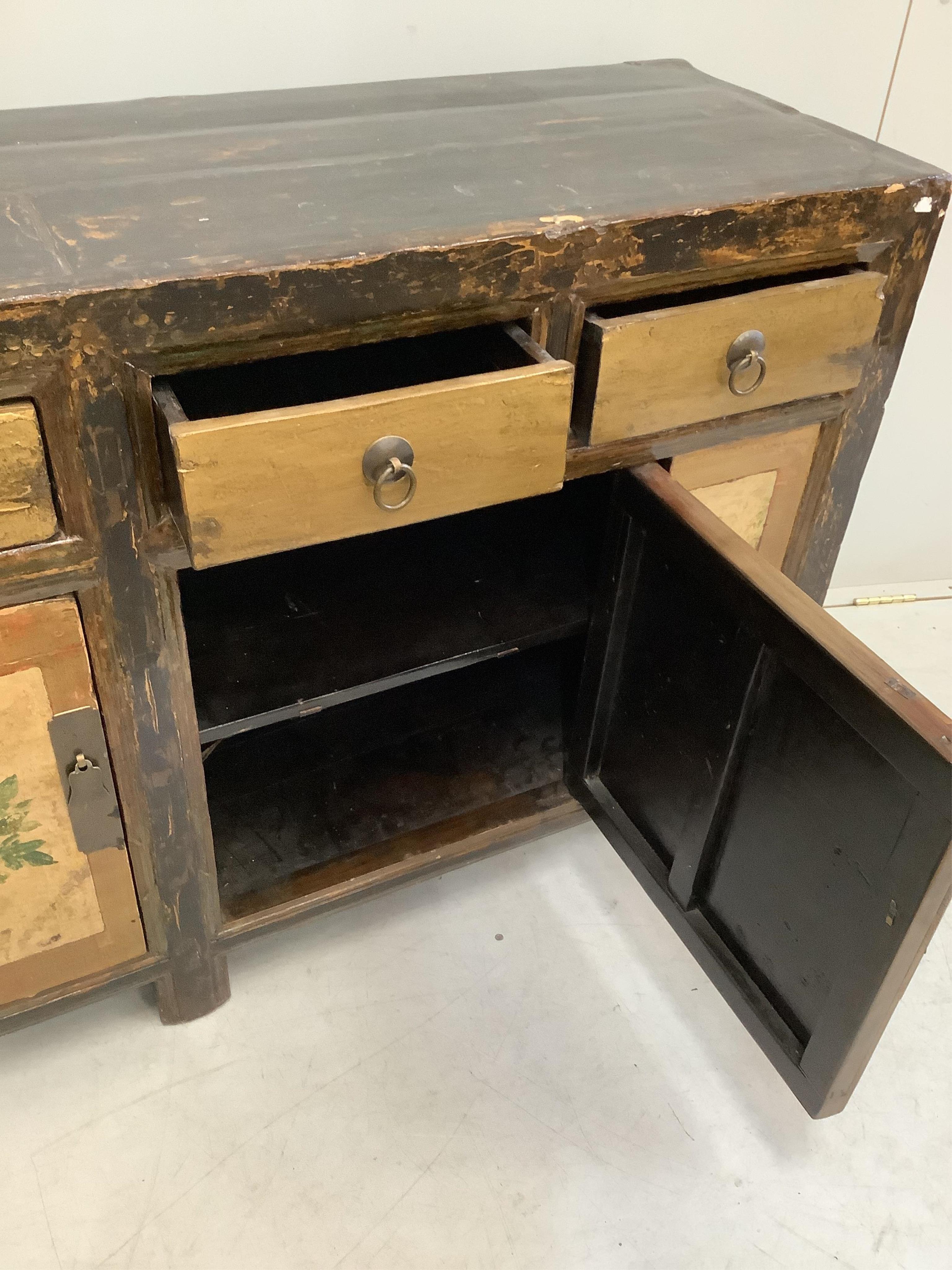 A Chinese painted sideboard, width 154cm, depth 44cm, height 82cm